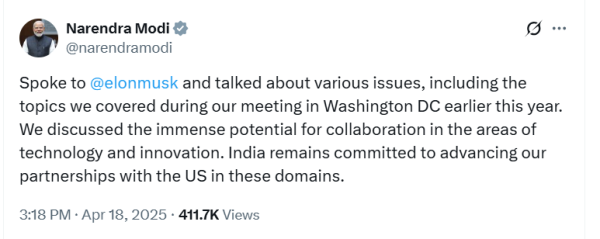 都优配送端 莫迪和马斯克时隔2个月再次会谈：共商电动汽车、太空等领域合作
